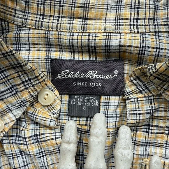 💀 SOLD 💀 Vintage 90s Cropped Boxy Yellow Plaid Short Sleeve Button Down ~ Size S - Picture 7 of 8